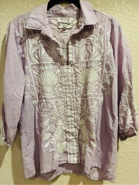 Johnny Workshop Lavender Embroidered Button-Front Blouse